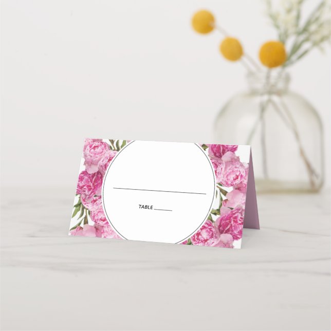 Elegant Pink Peonies Wedding Place Card (Front)