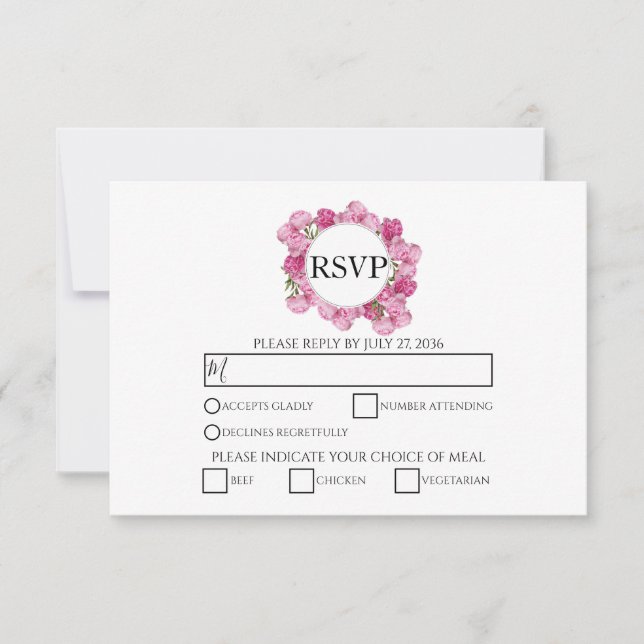 Elegant Pink Peonies Wedding RSVP Cards (Front)