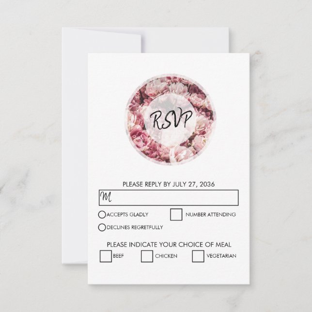 Elegant Pink Peonies Wedding RSVP Cards (Front)