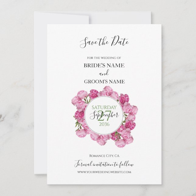 Elegant Pink Peonies Wedding Save The Date (Front)