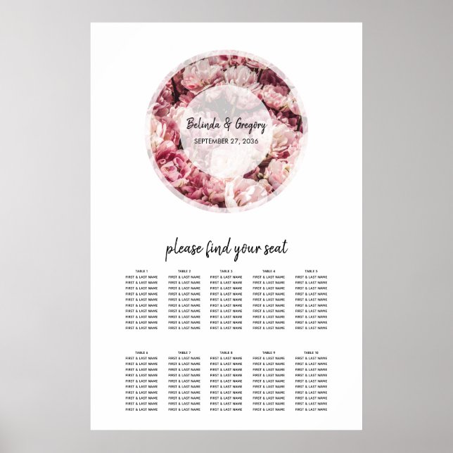 Elegant Pink Peonies Wedding Seating Chart (Front)