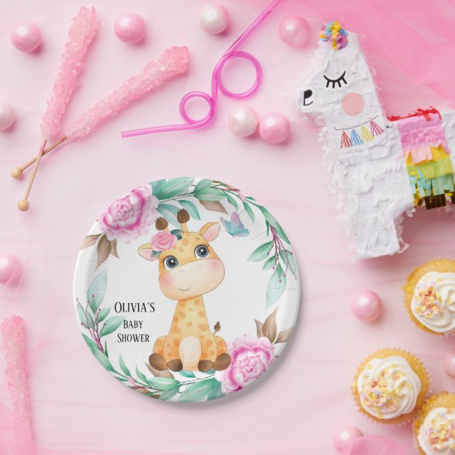 Elegant Pink Peony and a Cute Giraffe Custom Paper Plate (Party)