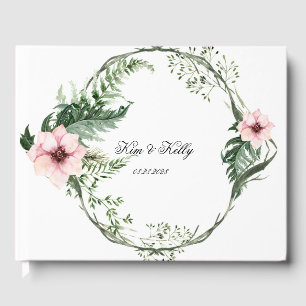 Elegant Pink Peony and Green Fern Wedding Guest Book
