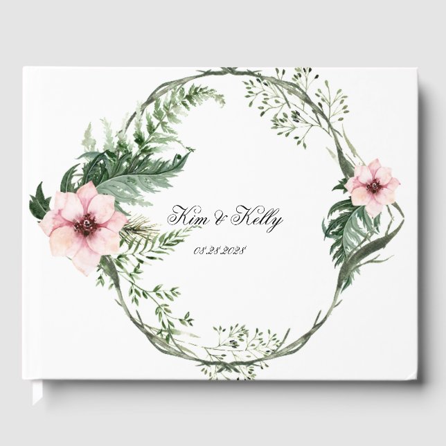 Elegant Pink Peony and Green Fern Wedding Guest Book (Front)