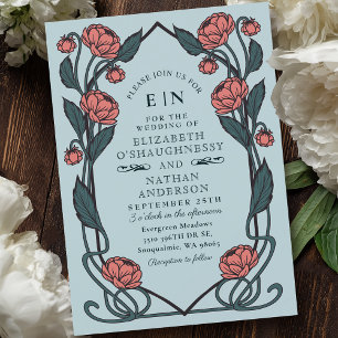 Elegant Pink Peony Art Nouveau Floral Wedding Invitation