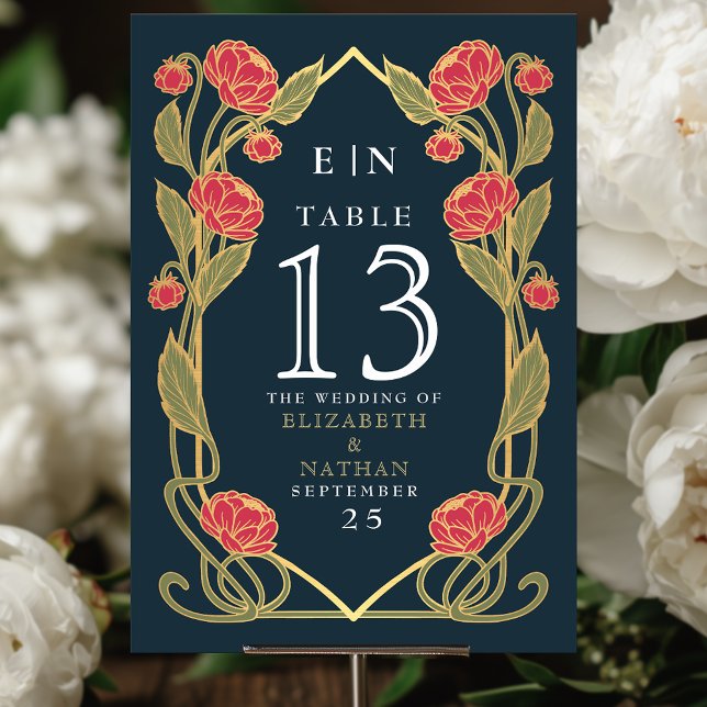 Elegant Pink Peony Art Nouveau Floral Wedding Table Number (Creator Uploaded)