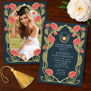 Elegant Pink Peony Art Nouveau Graduation Party Invitation