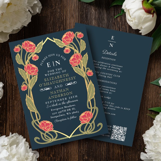 Elegant Pink Peony Art Nouveau QR Code Wedding Invitation (Creator Uploaded)