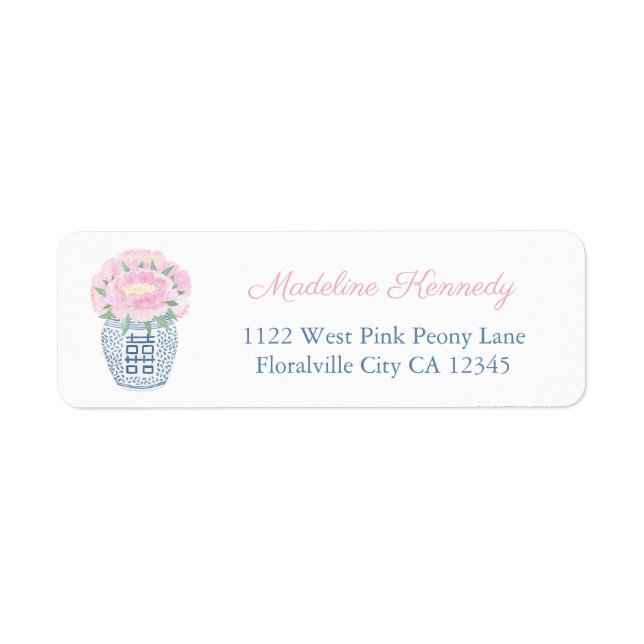Elegant Pink Peony Blue Text Return Address (Front)