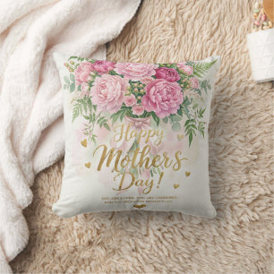 Elegant Pink Peony Bouquet Happy Mother’s Day Card Cushion