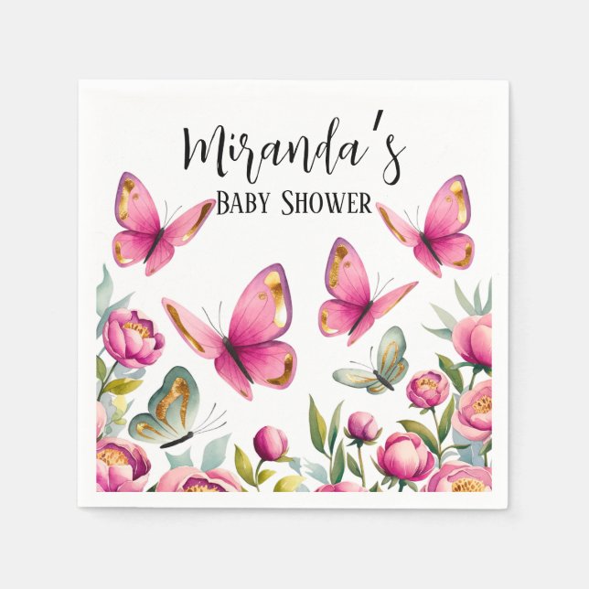 Elegant Pink Peony & Butterflies Girl Baby Shower Napkin (Front)