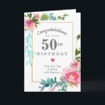 Elegant Pink Peony Floral 50th Birthday Card<br><div class="desc">Congratulate a very special person on their 50th birthday with a pink peony floral design. Elegant and chic the peonies with delicate green and turquoise botanical elements decorate a thin gold frame. All of the text can be edited,  so you can customise a very personal and meaningful message.</div>