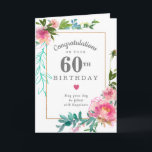 Elegant Pink Peony Floral 60th Birthday Card<br><div class="desc">Congratulate a very special person on their 60th birthday with a pink peony floral design. Elegant and chic the peonies with delicate green and turquoise botanical elements decorate a thin gold frame. All of the text can be edited,  so you can customise a very personal and meaningful message.</div>