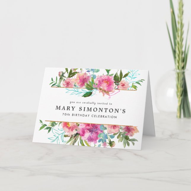 Elegant Pink Peony Floral 70th Birthday Invitation (Front)