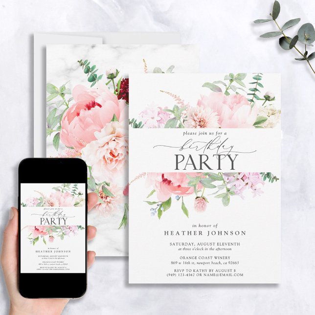 Elegant Pink Peony Floral Calligraphy Birthday Invitation (Creator Uploaded)