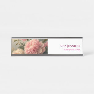 Elegant Pink Peony Floral Custom Florist Business  Desk Name Plate
