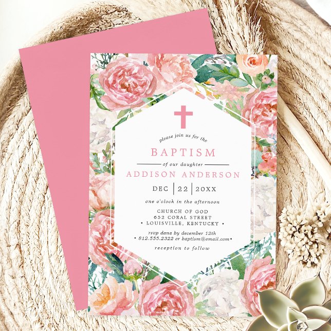Elegant Pink Peony Floral Design Baptism Invitation (Creator Uploaded)