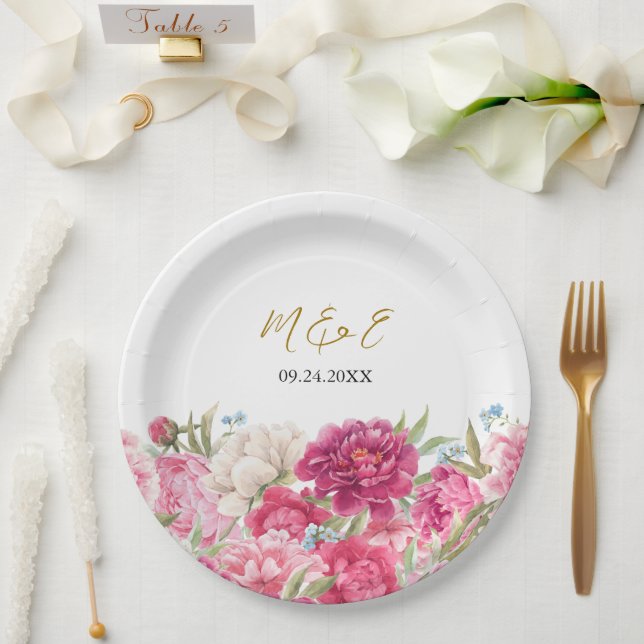 Elegant Pink Peony Florals Wedding Paper Plate (Wedding)