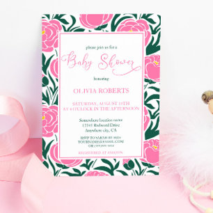 Elegant Pink Peony Flowers Baby Shower Invitation