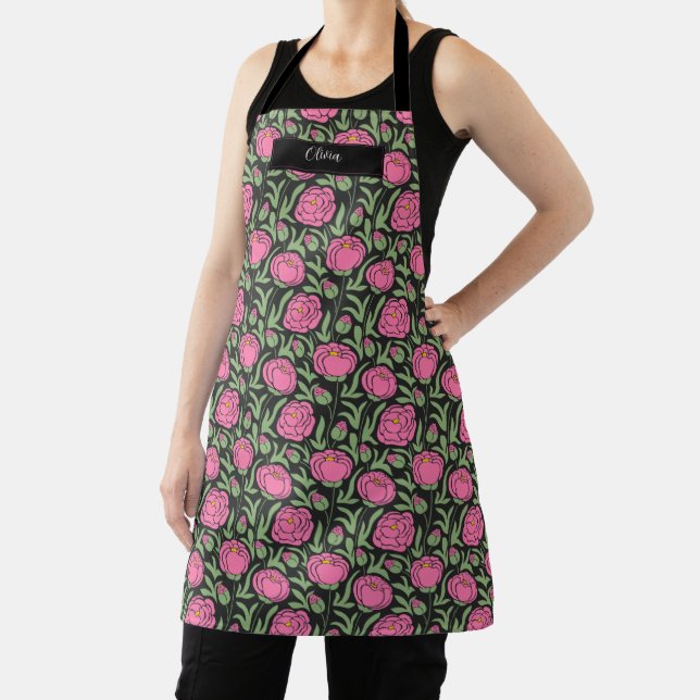 Elegant Pink Peony Flowers Personalised Apron (Insitu)