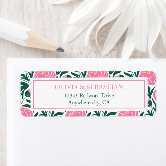 Elegant Pink Peony Flowers Wedding Return Address  (Insitu)
