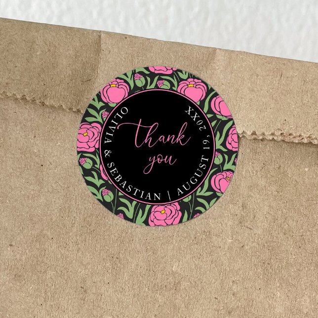 Elegant Pink Peony Flowers Wedding Thank you Classic Round Sticker (Creator Uploaded)