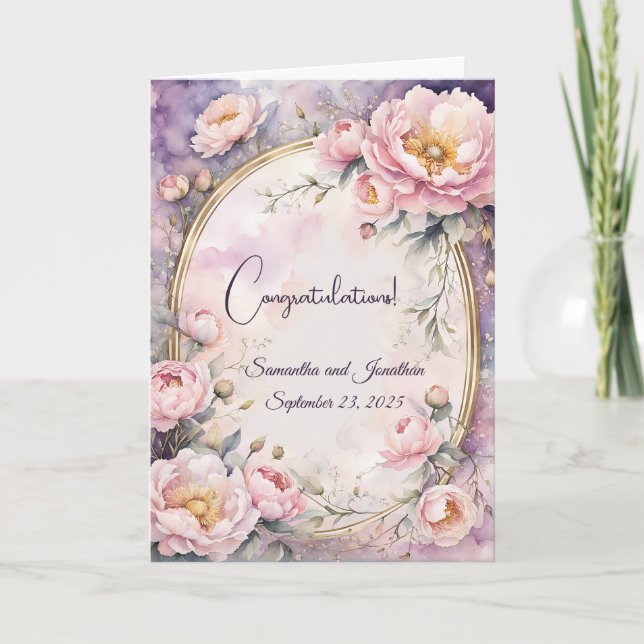 Elegant Pink Peony Oval Frame Wedding  Card (Front)