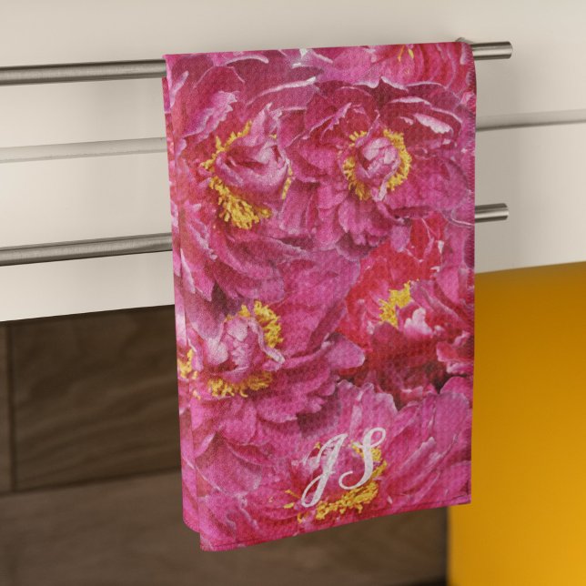 Elegant Pink Peony Stylish Calligraphy Monogram Tea Towel (Creator Uploaded)