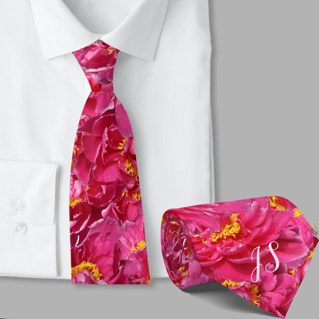 Elegant Pink Peony Stylish Calligraphy Monogram Tie (Creator Uploaded)