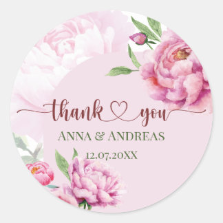 Elegant Pink Peony Thank You Classic Round Sticker