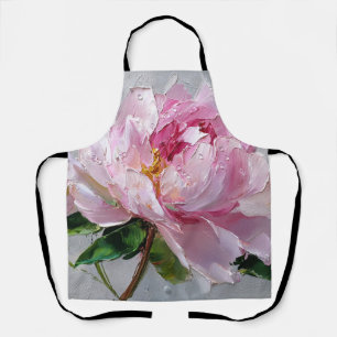 Elegant Pink Peony Thick Impasto Oil Painting  Apron
