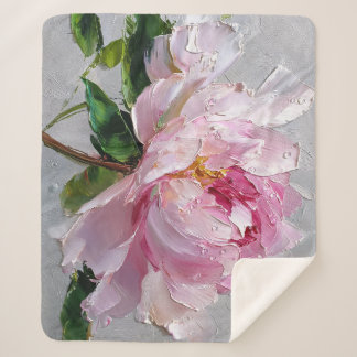 Elegant Pink Peony Thick Impasto Oil Painting Sherpa Blanket