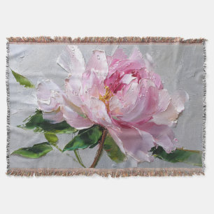 Elegant Pink Peony Thick Impasto Oil Painting Throw Blanket