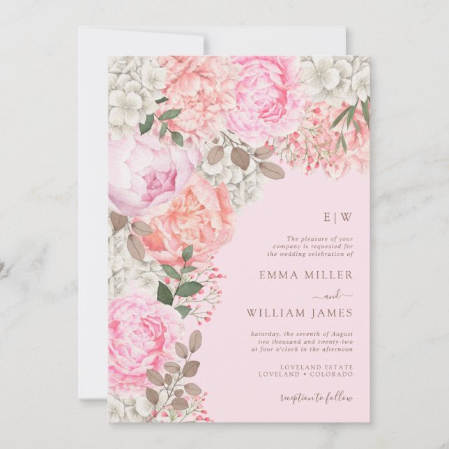 Elegant Pink Peony Wedding Invitation (Front)