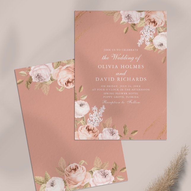Elegant Pink Peony Wedding Invitation (Elegant Pink Peony Wedding Invitation on table.)