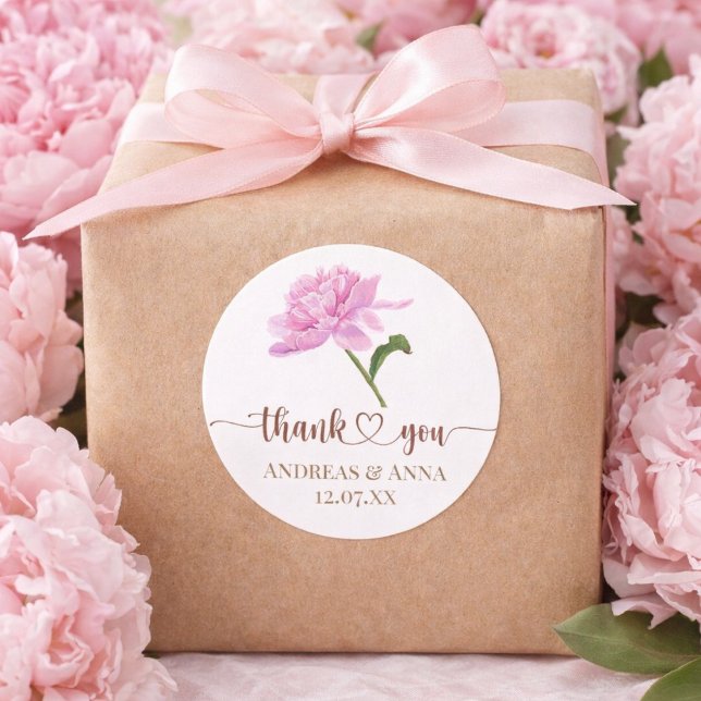 Elegant Pink Peony Wedding Thank You Classic Round Sticker (Custom Floral Peony Thank You Sticker for Weddings)