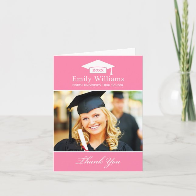 Elegant Pink Personalised Graduation Photo Thank You Card (Front)