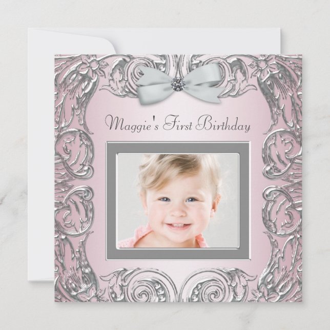 Elegant Pink Photo First Birthday Party Invitation (Front)