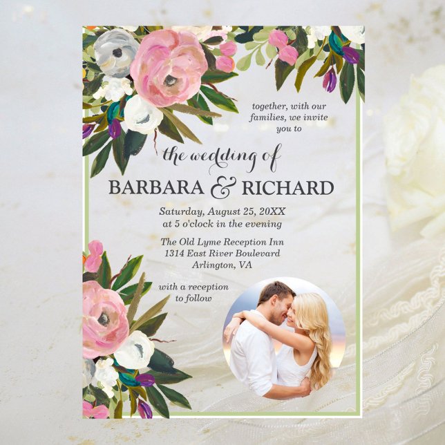 Elegant Pink Photo Floral Watercolor Wedding Acrylic Invitations (Creator Uploaded)