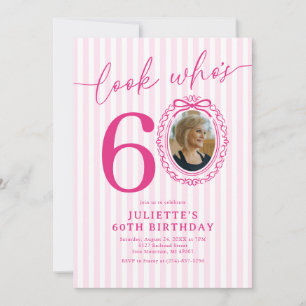 Elegant Pink Pinstripe 60th Birthday Photo Invitation