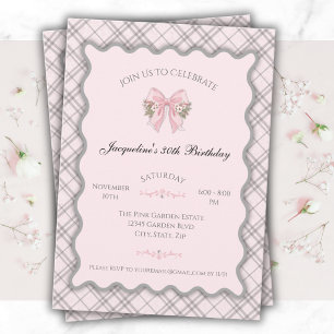 Elegant Pink Plaid Coquette Bow 30th Birthday Invitation