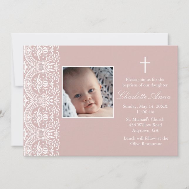 Elegant Pink Plum & White Damask Baptism Invite (Front)