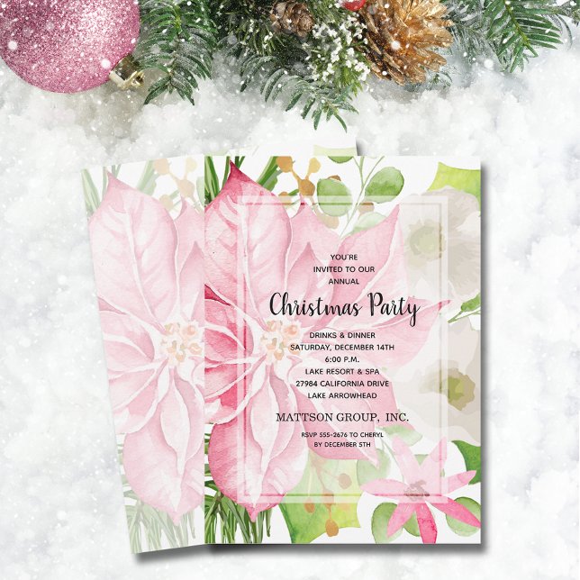 Elegant Pink Poinsettia Floral Christmas Invitation (Elegant Pink Poinsettia Floral Christmas Invitations)