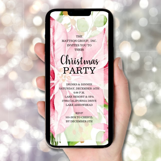 Elegant Pink Poinsettia Floral Christmas Invitation (INSTANT DOWNLOAD and/or PRINTED elegant pink poinsettia floral Christmas party invitations)