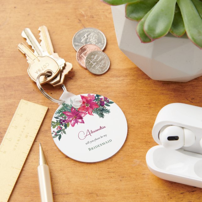 Elegant Pink Poinsettias Christmas Wedding Key Ring (Desk)