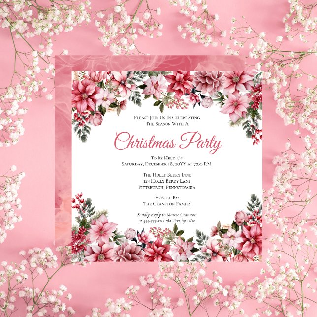Elegant Pink Poinsettias Floral Christmas Party Invitation (Elegant Pink Poinsettias Floral Christmas Party Invitation)