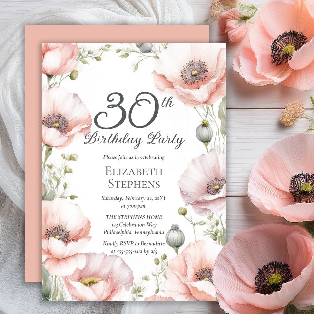 Elegant Pink Poppies Floral 30th Birthday Party Invitation (Boho Elegant Pale Pink Poppies Floral 30th Birthday Party Invitation - Print | Digital Download)