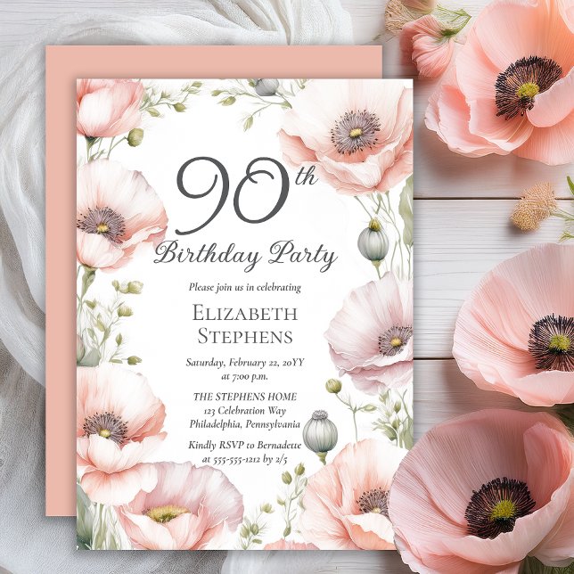 Elegant Pink Poppies Floral 90th Birthday Party Invitation (Boho Elegant Pale Pink Poppies Floral 90th Birthday Party Invitation - Print | Digital Download)