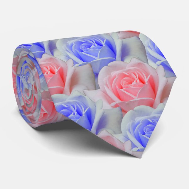 Elegant Pink & Powder Blue Roses Floral Wedding Tie (Rolled)