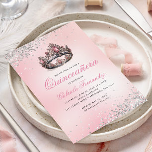 Elegant Pink Princess Crown Quinceanera Invitation